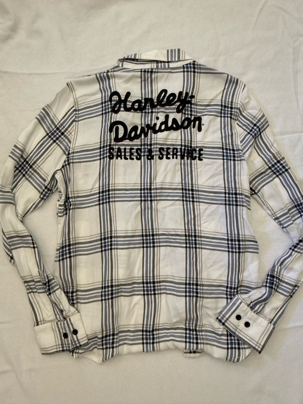 Harley Davidson White Plaid Shirt with Black Embroidered Script
